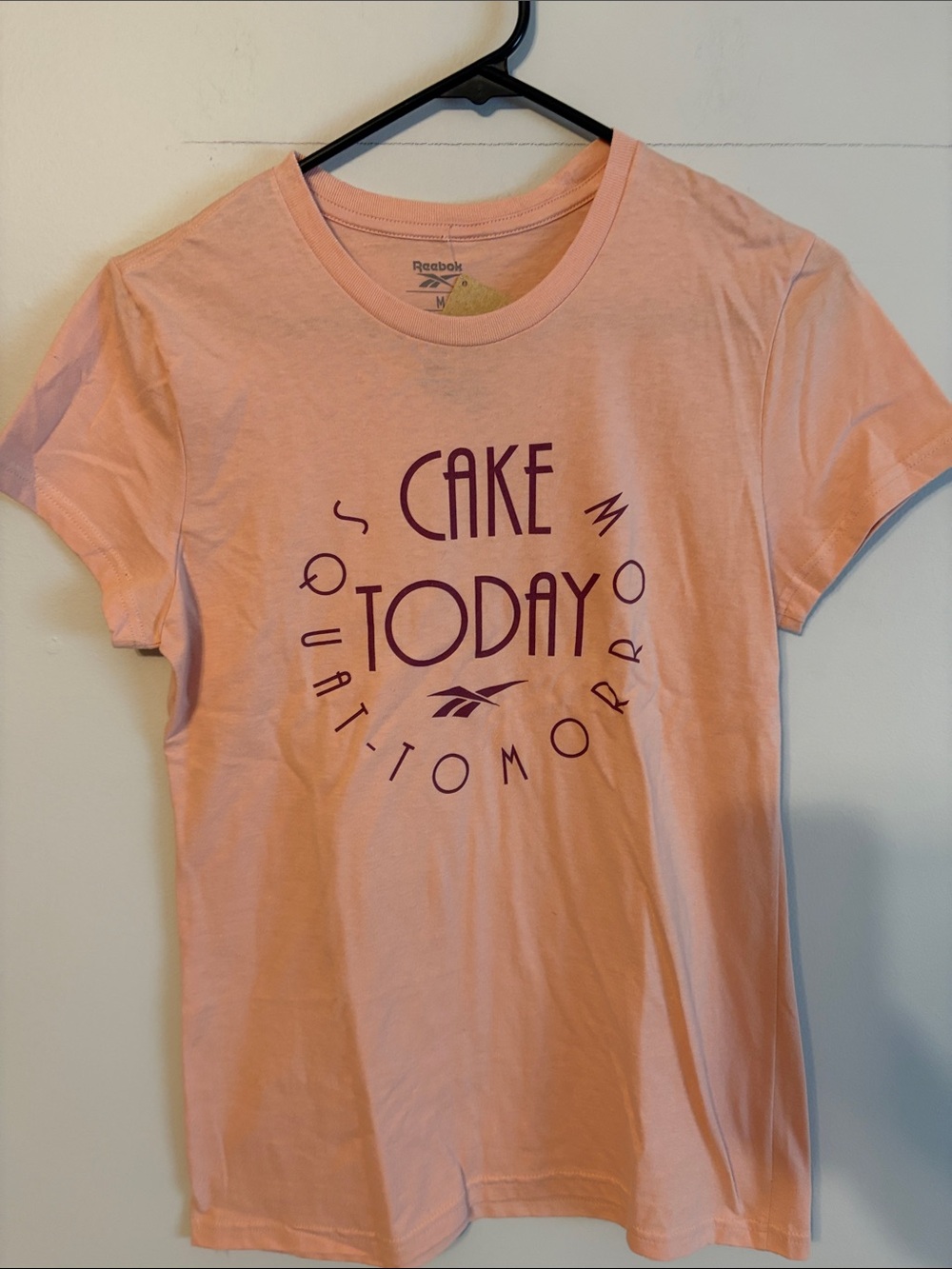 Reebok peach/dusty rose Graphic 'Cake Today' Tee. 💯 cotton. Med. NWT.
